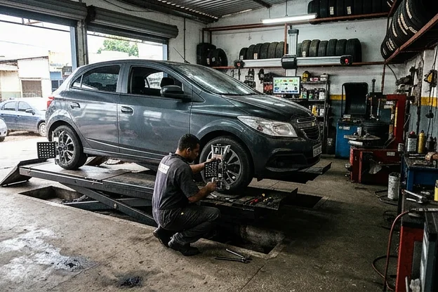 Carro sendo alinhado por um profissional, demonstrando boas práticas em borracharia.
