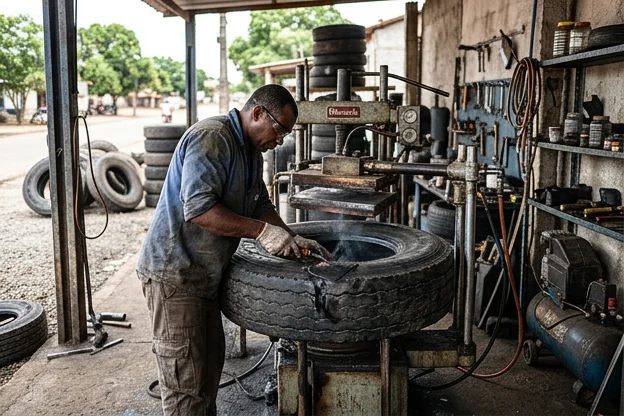 Técnico aplicando vulcanização em um pneu, com ferramentas específicas.