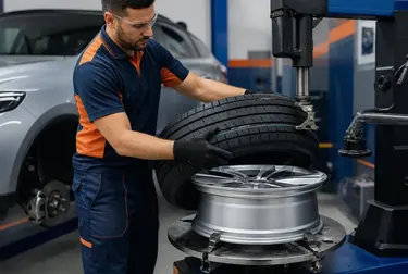 Técnico trocando pneus em um carro, mostrando as ferramentas de borracharia.